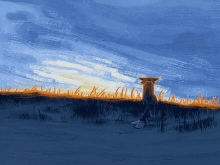 art of a beach at sunset and nearing dusk, the only light is on the horizon and it just touches the ground. A slouching cat is facing the sun. Lots of dark blues, whites, yellows, and oranges.