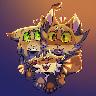 Art of three cats, one is gray and is looking nervously but happily to the right at the other cat, a gray tabby with a clipped ear, looking at his kitten with a happy face. Both are hugging an excited light brown tabby kitten. Warm lighting