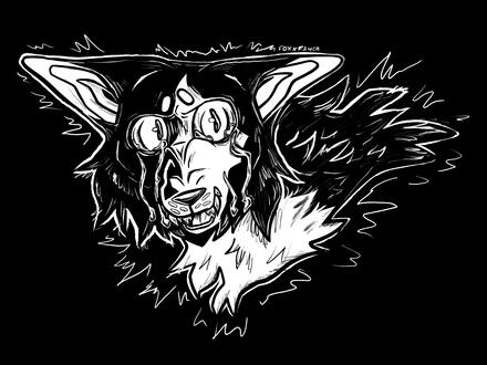 black and white art of an upset, wild eyed, crying fox